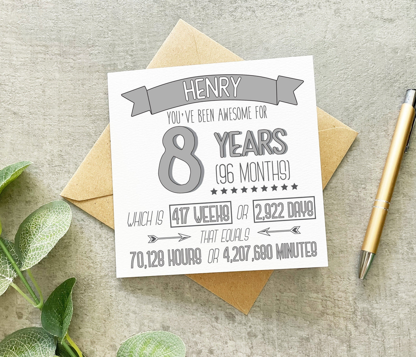 A grey personalised 8th birthday card with text that calculates and prints the time in years, months, weeks, days, hours, and minutes, placed on a table with a pen and some greenery in the background.