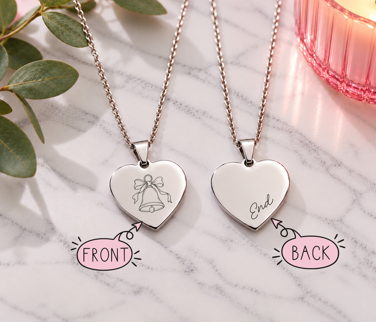 Two heart necklackes showing the front ad 
