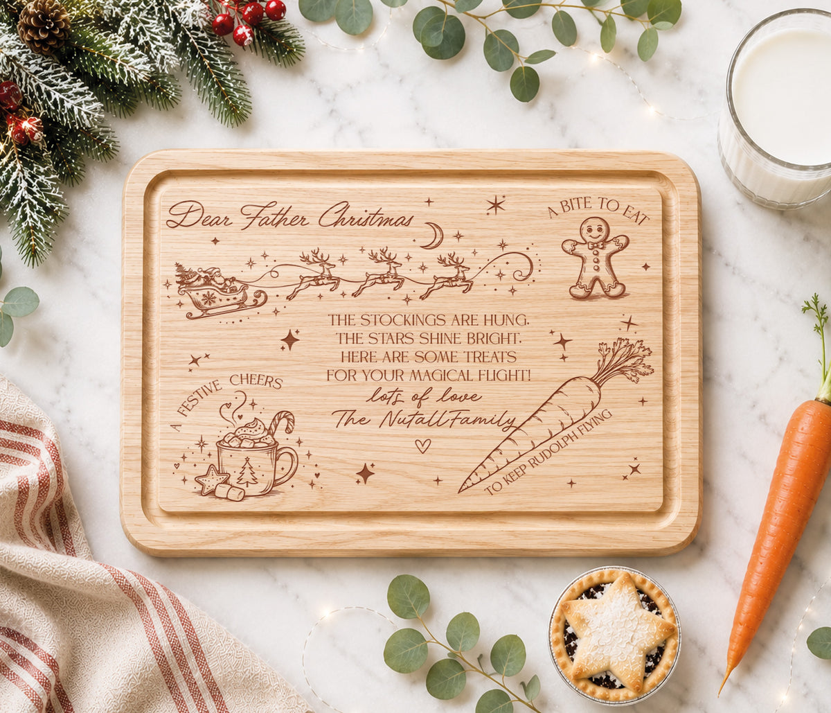 Father Christmas Wooden Christmas Eve Board With Space For A drink, a snack and carrot for rudolph