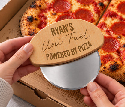 Wooden Handled pizza wheel with the text 'Ryan's uni fuel. Powered by pizza'