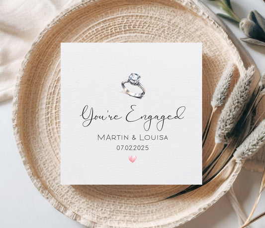 Personalised Engagement Card With A Stunning Watercolour Diamond Ring And Personalised With The Couples Names And The Date Of Their Engagement