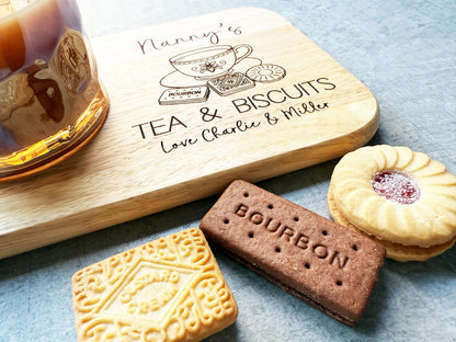 Personalised Grandma's Tea And Biscuits Board, Engraved Wooden Biscuit Tray,  Christmas Gift For Nanny