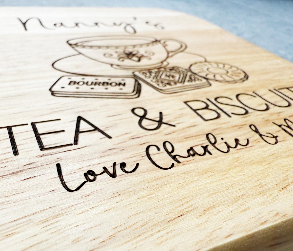 Personalised Grandma's Tea And Biscuits Board, Engraved Wooden Biscuit Tray,  Christmas Gift For Nanny
