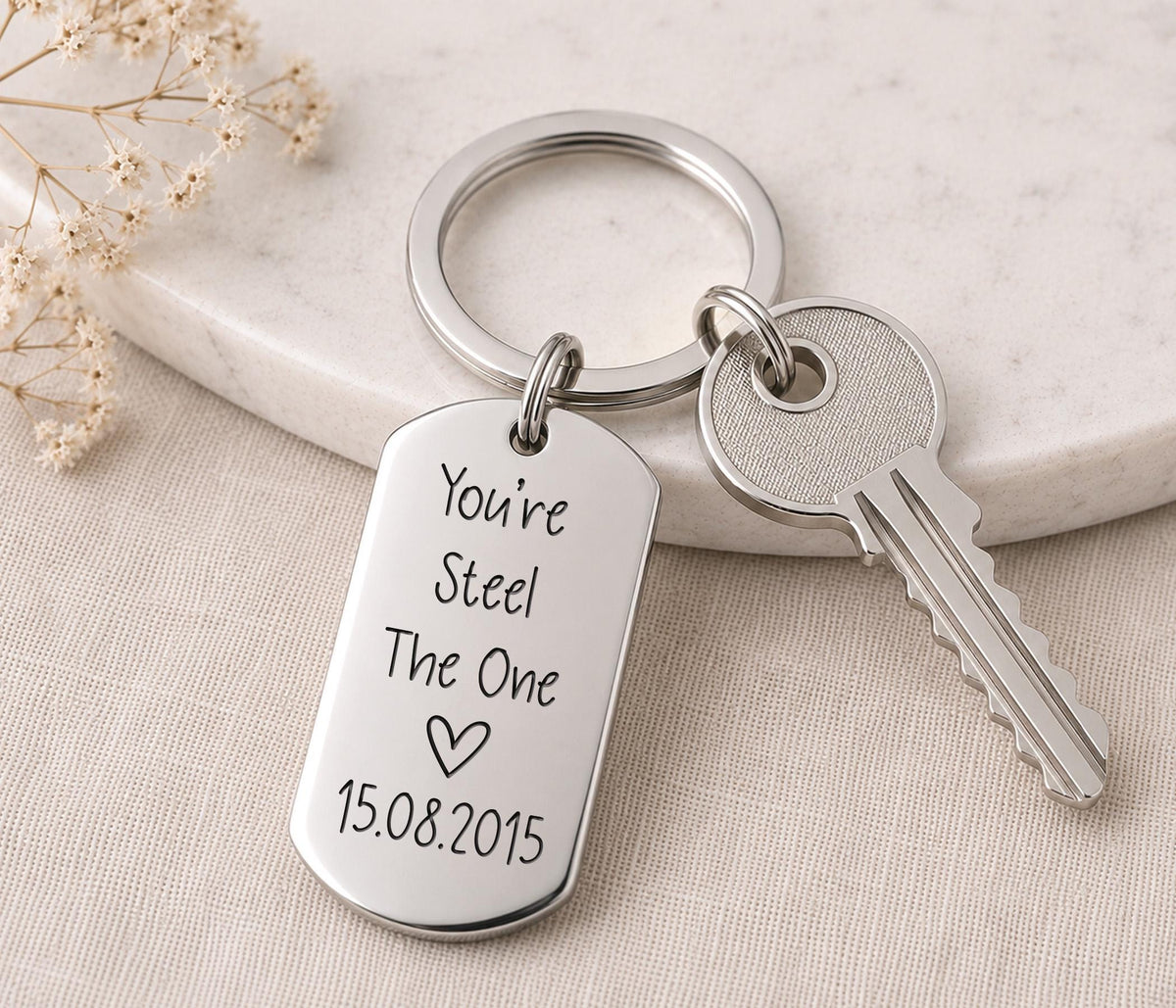 Personalised You're Steel The One Keyring, Silver Engraved Keychain For Steel Anniversary, 11 Years
