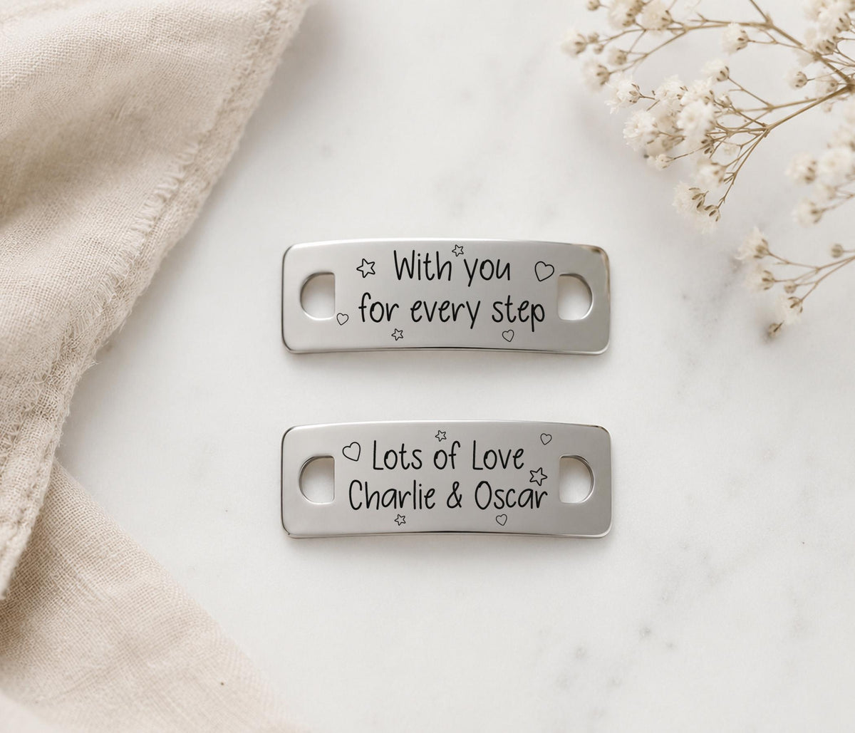 Personalised Message Metal Trainer Tags, Engraved Running Shoe Charms,
