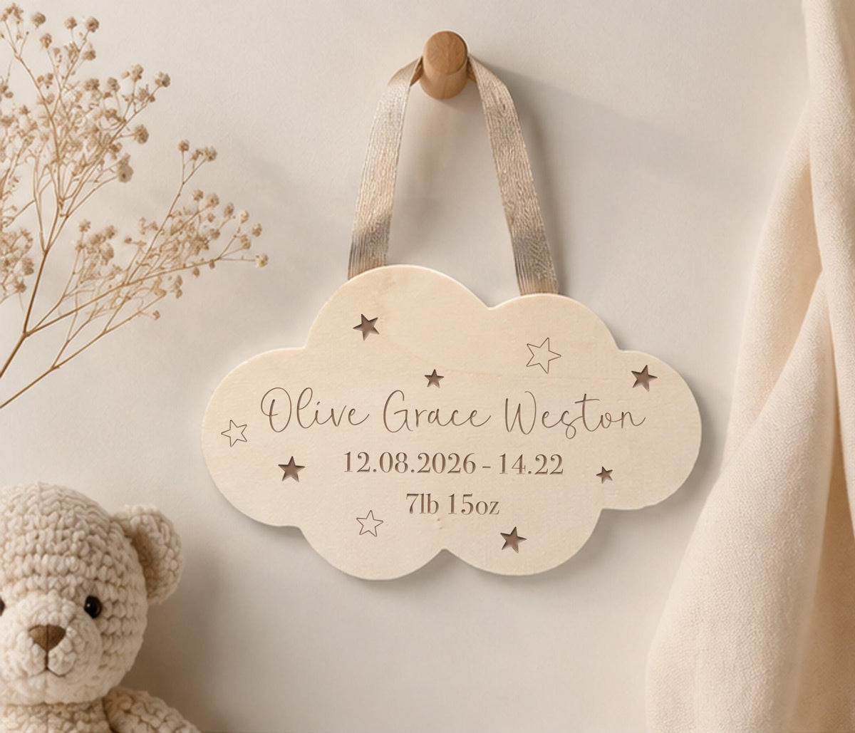 Hanging Wooden Cloud Keepsake New Baby Gift