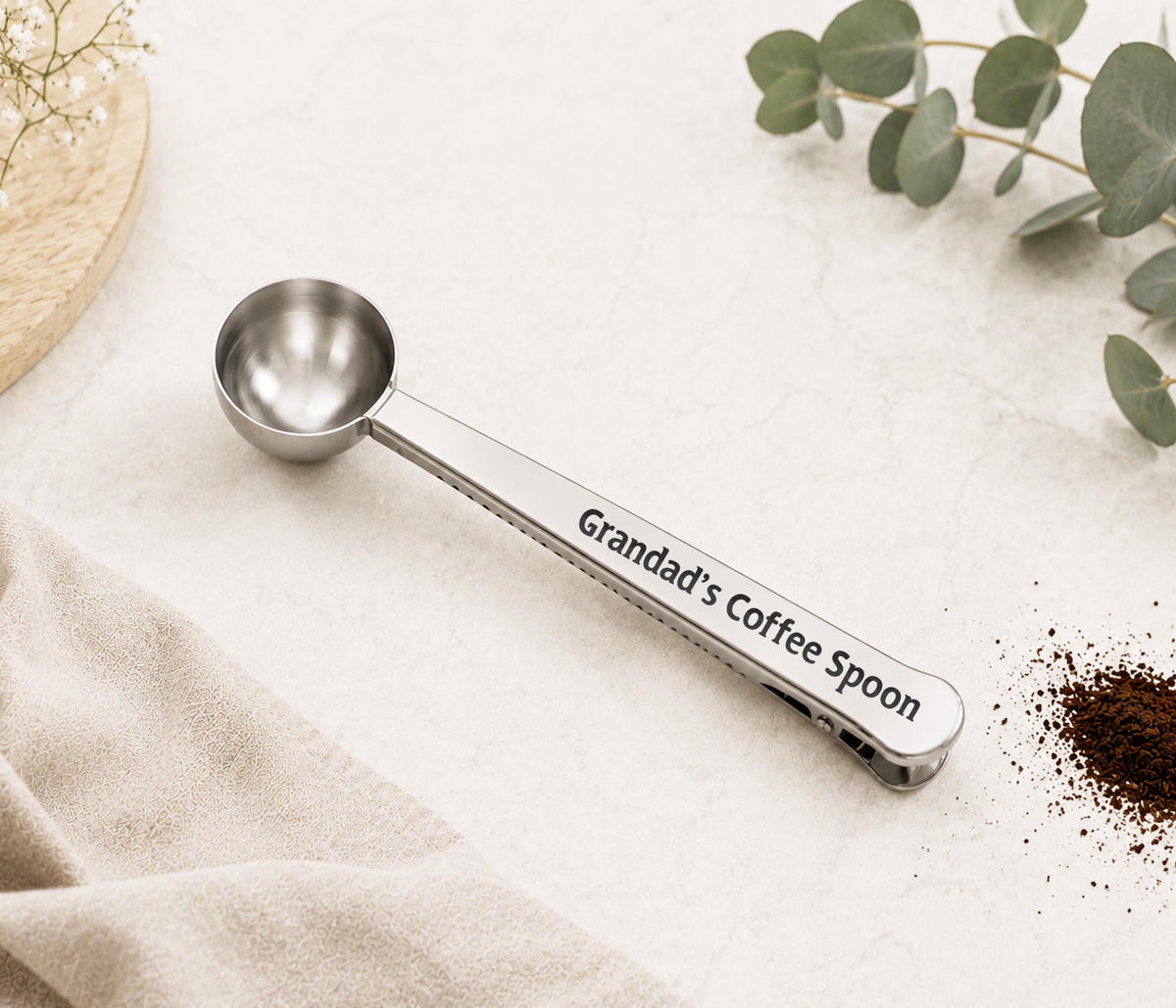 Personalised Name coffee Spoon & Clip, Engraved Silver Measuring Scoop For Coffee, Coffee Gift Set