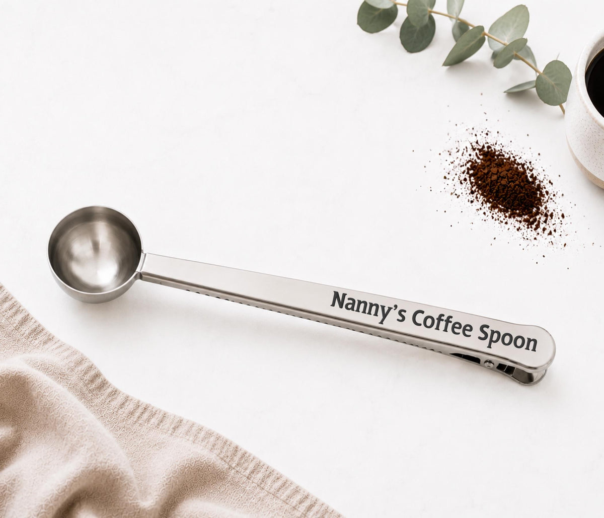 Personalised Name coffee Spoon & Clip, Engraved Silver Measuring Scoop For Coffee, Coffee Gift Set