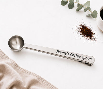 Personalised Name coffee Spoon & Clip, Engraved Silver Measuring Scoop For Coffee, Coffee Gift Set
