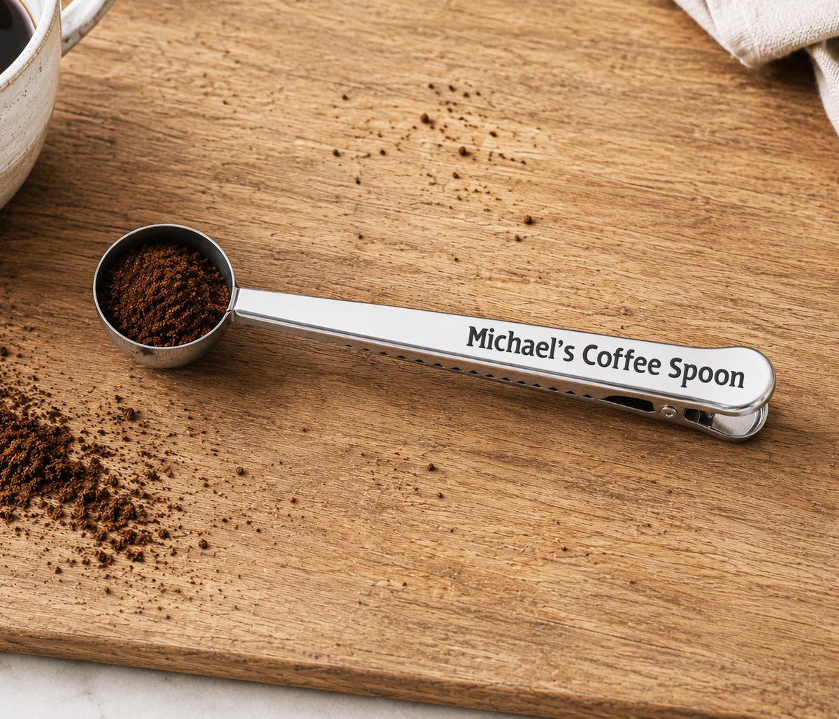 Personalised Name coffee Spoon & Clip, Engraved Silver Measuring Scoop For Coffee, Coffee Gift Set