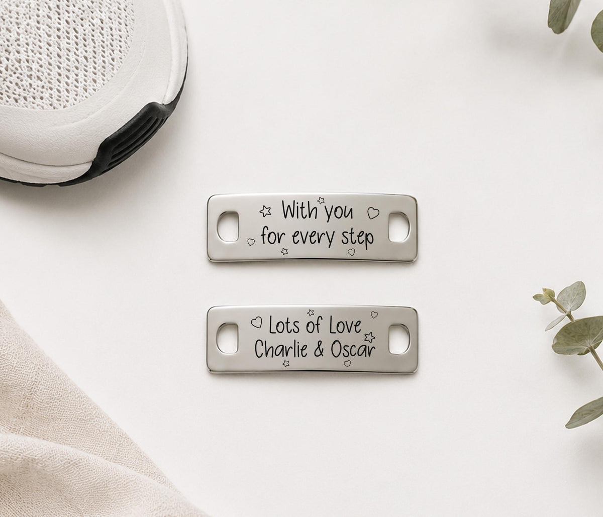 Personalised Message Metal Trainer Tags, Engraved Running Shoe Charms,
