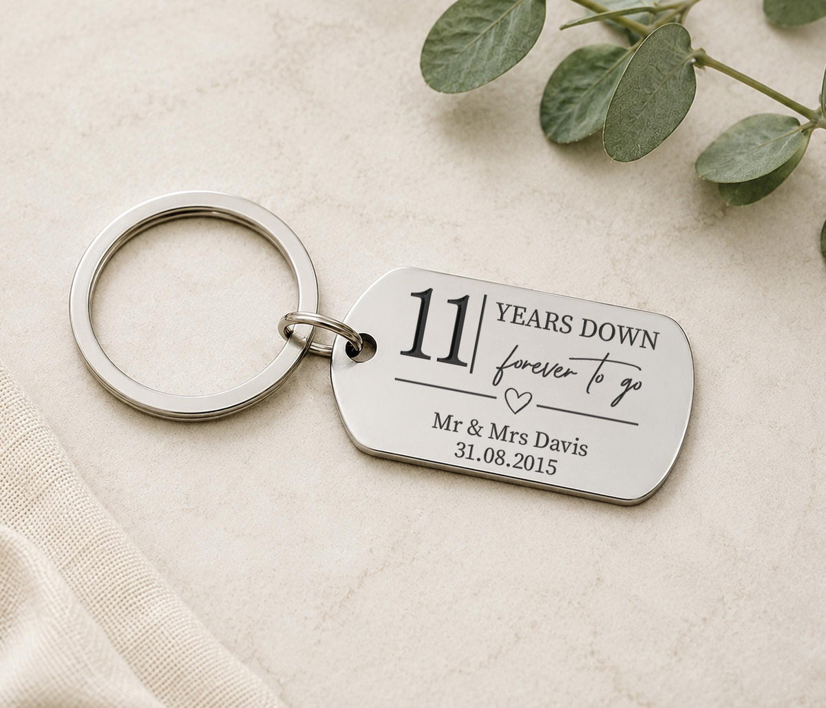 Personalised Steel Keyring, 11 Years Down Forever To Go, Silver Engraved Keychain For Steel Anniversary, 11 Years