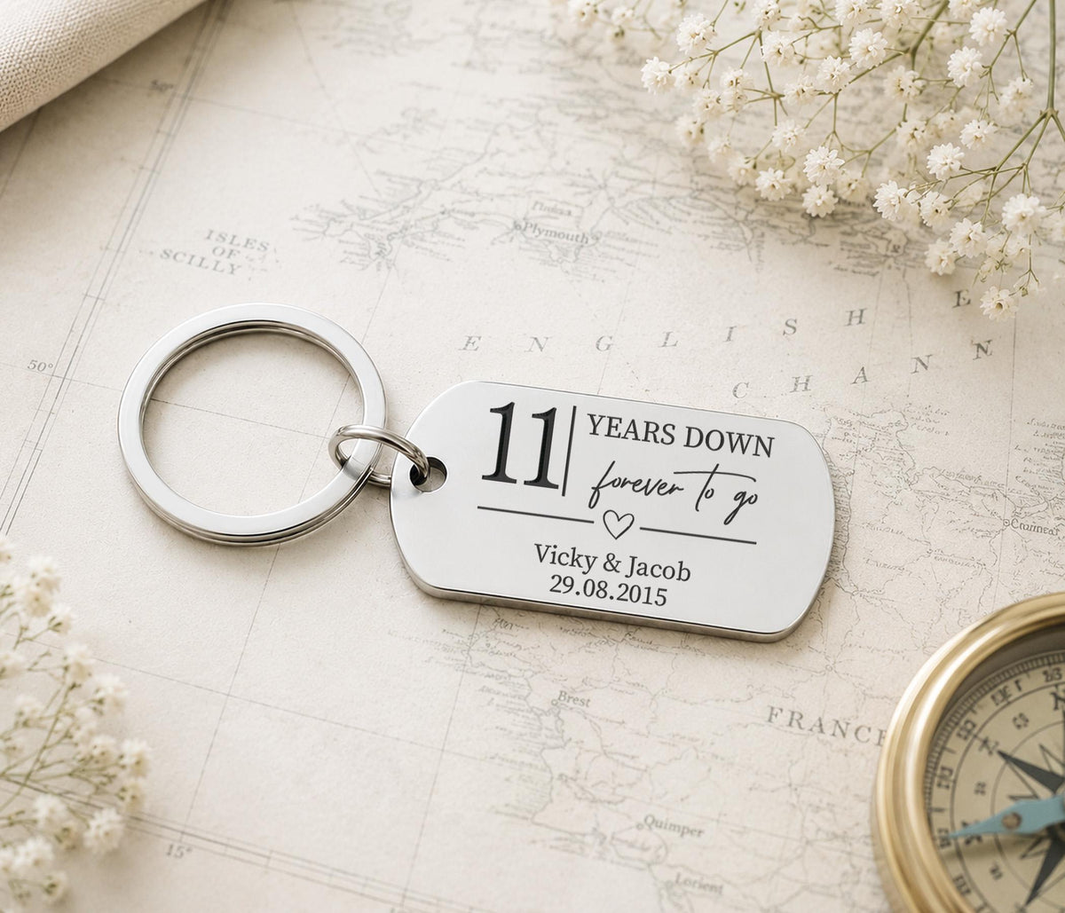 Personalised Steel Keyring, 11 Years Down Forever To Go, Silver Engraved Keychain For Steel Anniversary, 11 Years