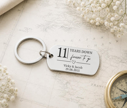 Personalised Steel Keyring, 11 Years Down Forever To Go, Silver Engraved Keychain For Steel Anniversary, 11 Years