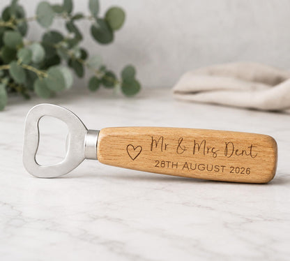 Personalised Bottle Opener, Wedding Gift for Couple, Engraved Wooden Gift, Mr & Mrs Newlywed Gift