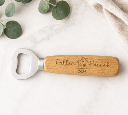 Personalised New Home Gift, Housewarming Present For First Home, Engraved Wooden Bottle Opener With Names And Year