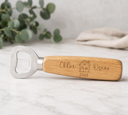 Personalised New Home Gift, Housewarming Present For First Home, Engraved Wooden Bottle Opener With Names And Year