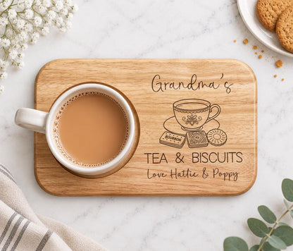 Personalised Grandma's Tea And Biscuits Board, Engraved Wooden Biscuit Tray,  Christmas Gift For Nanny