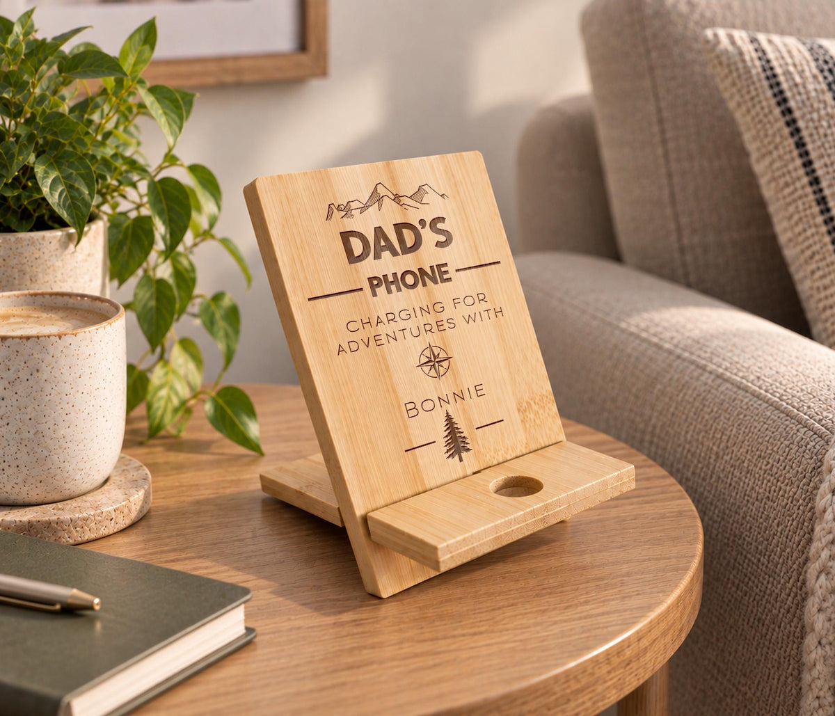 Dad's Phone Stand, Useful Gift For Dad, Wooden Engraved Phone Charging Stand, From Children