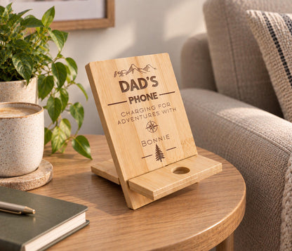 Dad's Phone Stand, Useful Gift For Dad, Wooden Engraved Phone Charging Stand, From Children