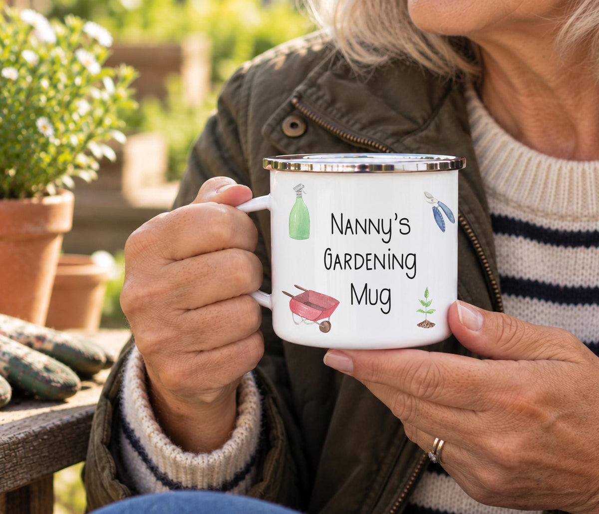 Nanny's Gardening Mug, Enamel Outdoor Mug
