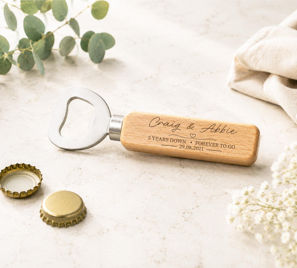 5 Years Down Forever To Go Bottle Opener, Wood 5th Anniversary Gift, Wooden Wedding Anniversary Present,