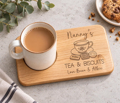 Personalised Grandma's Tea And Biscuits Board, Engraved Wooden Biscuit Tray,  Christmas Gift For Nanny