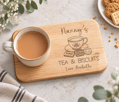 Personalised Grandma's Tea And Biscuits Board, Engraved Wooden Biscuit Tray,  Christmas Gift For Nanny
