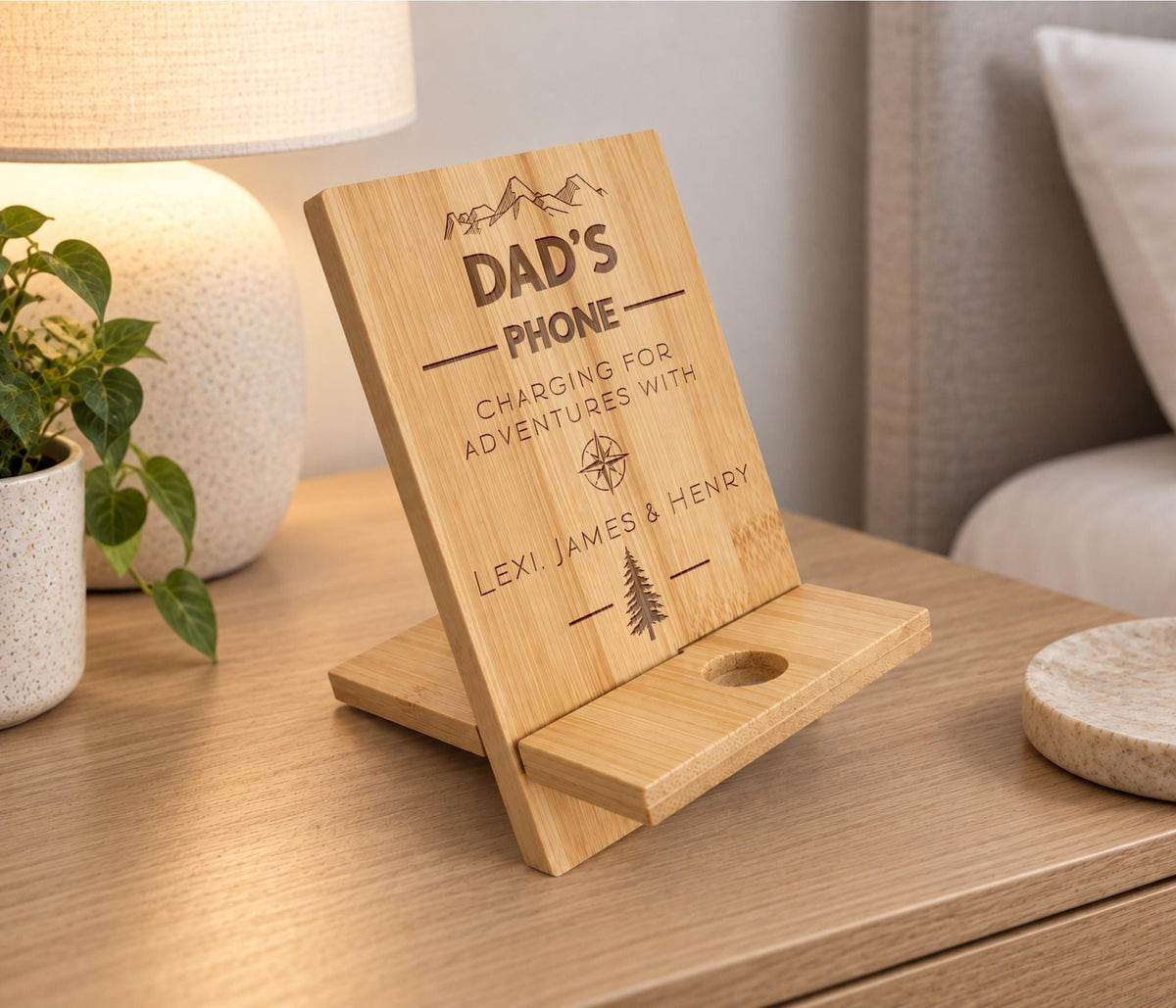 Grandad's Phone Stand, Useful Gift For Grandad, Wooden Engraved Phone Charging Stand, From Grandchildren