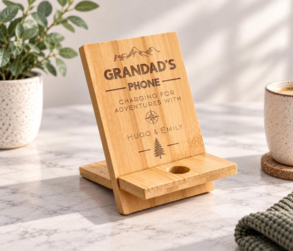 Grandad's Phone Stand, Useful Gift For Grandad, Wooden Engraved Phone Charging Stand, From Grandchildren