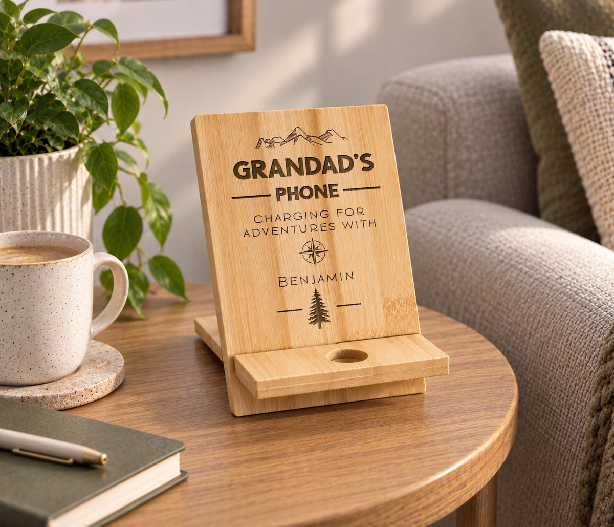 Grandad's Phone Stand, Useful Gift For Grandad, Wooden Engraved Phone Charging Stand, From Grandchildren